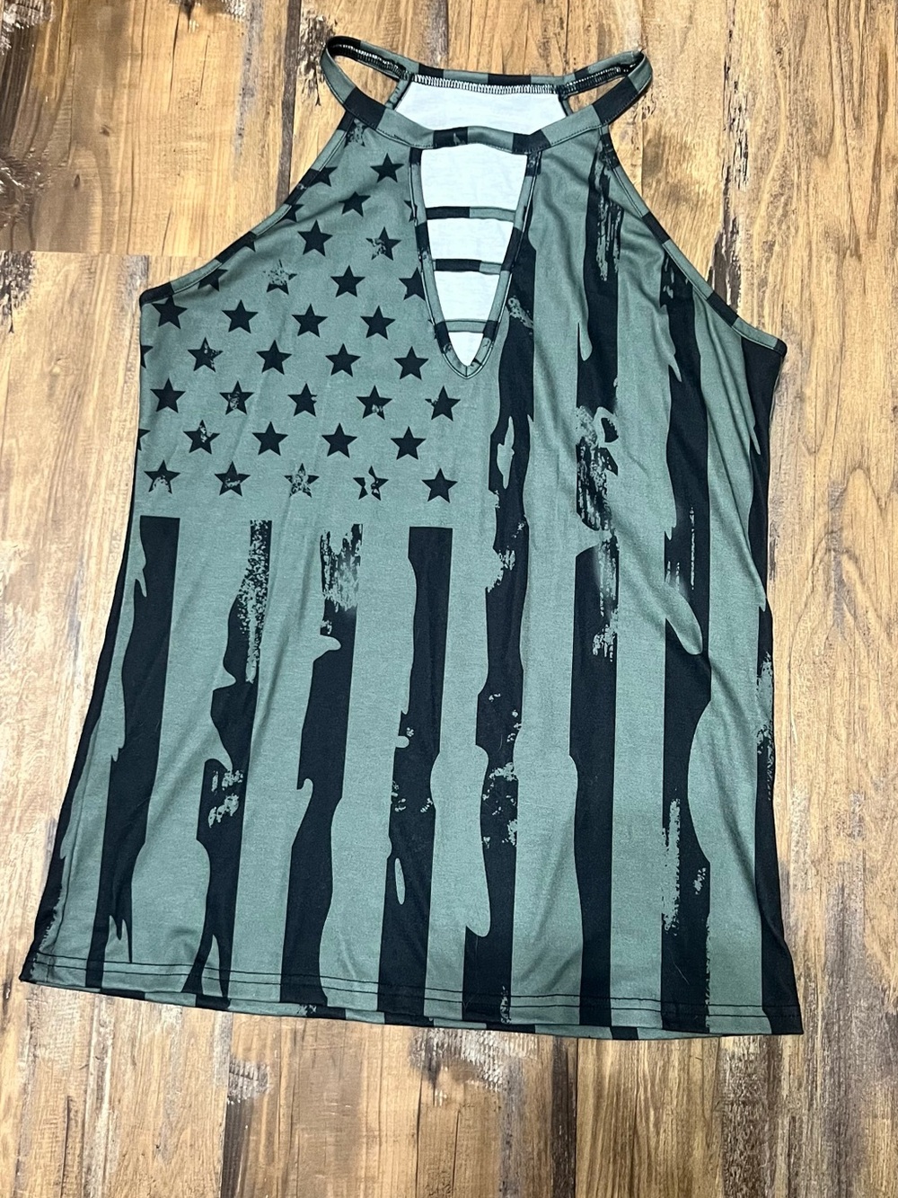 Sleeveless Halter Womens Shirt in Olive Green with Black Flag Print